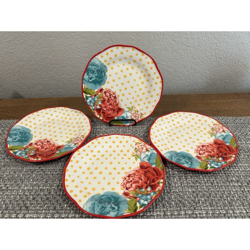 The Pioneer Woman Jubilee Blossom Salad Plates Set Of 4 Polka Dots Floral 8.5”